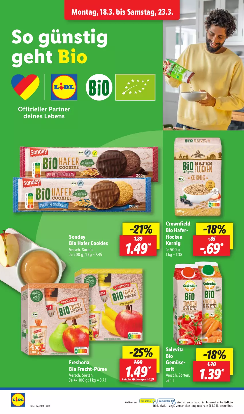 Aktueller Prospekt Lidl - Aktionsprospekt - von 18.03 bis 23.03.2024 - strona 12 - produkty: aktionspreis, bio, bio gemüse, cookie, cookies, eis, frucht, hafer, haferflocken, ndk, püree, reis, saft, Schal, Schale, Sondey, Ti, vita, ZTE