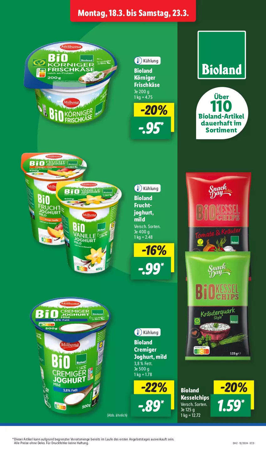 Aktueller Prospekt Lidl - Aktionsprospekt - von 18.03 bis 23.03.2024 - strona 13 - produkty: angebot, auer, bio, bioland, chips, eis, frischkäse, frucht, joghur, joghurt, Käse, Körniger Frischkäse, reis, Ti, ZTE