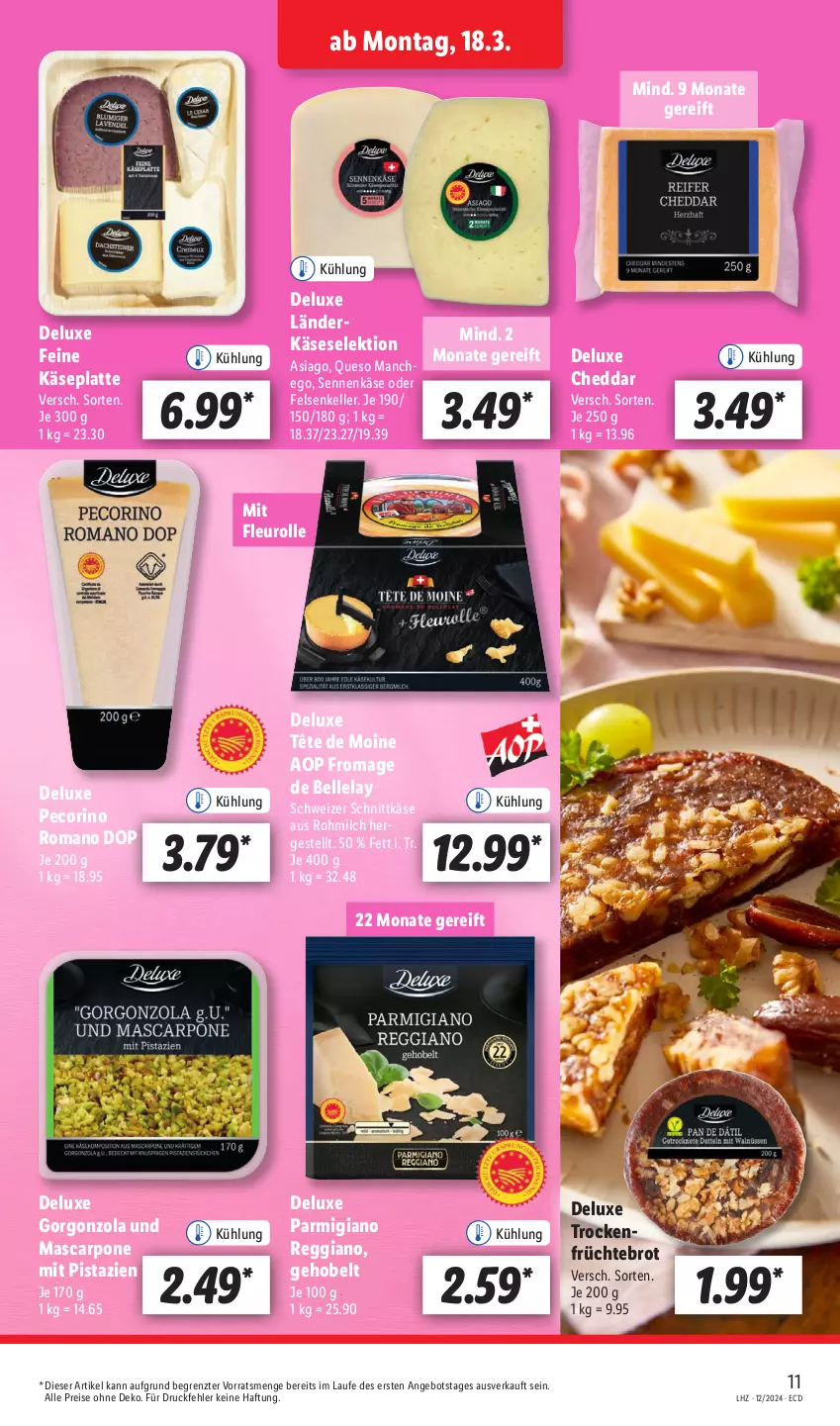 Aktueller Prospekt Lidl - Aktionsprospekt - von 18.03 bis 23.03.2024 - strona 15 - produkty: angebot, brot, cheddar, eis, elle, früchte, gorgonzola, Käse, latte, Manchego, mascarpone, milch, mit pistazien, parmigiano, parmigiano reggiano, Pecorino, pistazien, reggiano, reis, schnittkäse, schweizer schnittkäse, Sennenkäse, Tête de Moine, Ti, Trockenfrüchte, ZTE