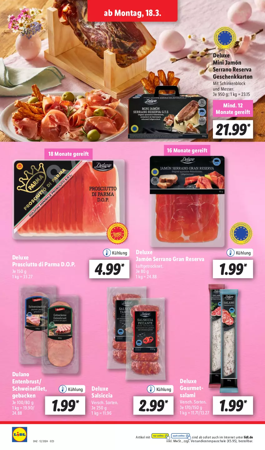 Aktueller Prospekt Lidl - Aktionsprospekt - von 18.03 bis 23.03.2024 - strona 18 - produkty: dulano, ente, Entenbrust, filet, geback, jamón serrano, messer, ndk, prosciutto, Prosciutto di Parma, salami, salsiccia, Schal, Schale, schinken, schwein, schweine, schweinefilet, serrano, Ti, wein, weine