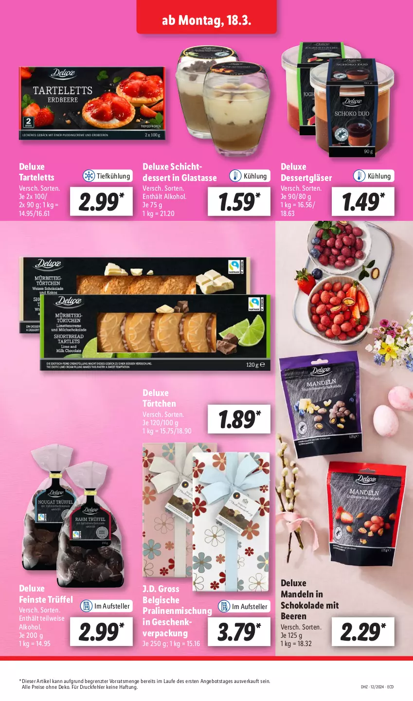 Aktueller Prospekt Lidl - Aktionsprospekt - von 18.03 bis 23.03.2024 - strona 19 - produkty: alkohol, angebot, beere, beeren, Belgische Pralinen, dessert, eis, elle, Gläser, LG, mandel, mandeln, pralinen, reis, schoko, schokolade, tasse, teller, Ti, Törtchen, Trüffel, ZTE