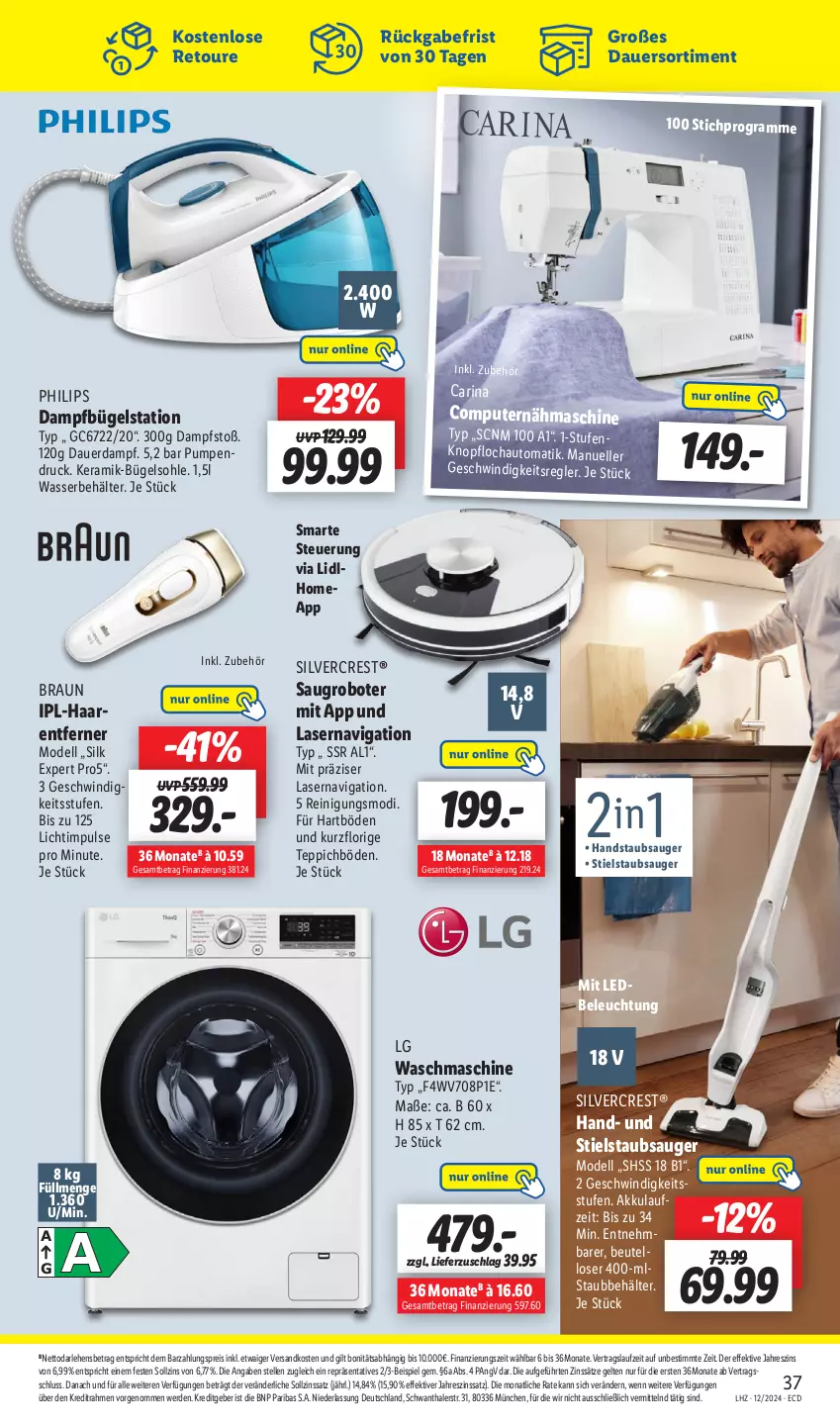 Aktueller Prospekt Lidl - Aktionsprospekt - von 18.03 bis 23.03.2024 - strona 45 - produkty: akku, auer, auto, Behälter, beleuchtung, beutel, braun, bügel, Bügelstation, computer, dampfbügelstation, dell, eis, elle, erde, handstaubsauger, HP, LG, Mode, Nähmaschine, ndk, Philips, pute, Reinigung, reis, Saugroboter, silvercrest, staubsauger, Stielstaubsauger, teppich, Ti, waschmaschine, wasser