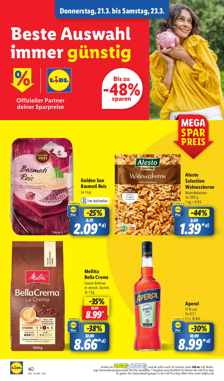 Aktueller Prospekt Lidl - Aktionsprospekt - von 18.03 bis 23.03.2024 - strona 52 - produkty: alesto, angebot, aperol, basmati, Basmati Reis, bella crema, bohne, bohnen, coupon, eis, elle, melitta, natur, ndk, nuss, reis, Schal, Schale, teller, Ti, walnuss, walnusskerne