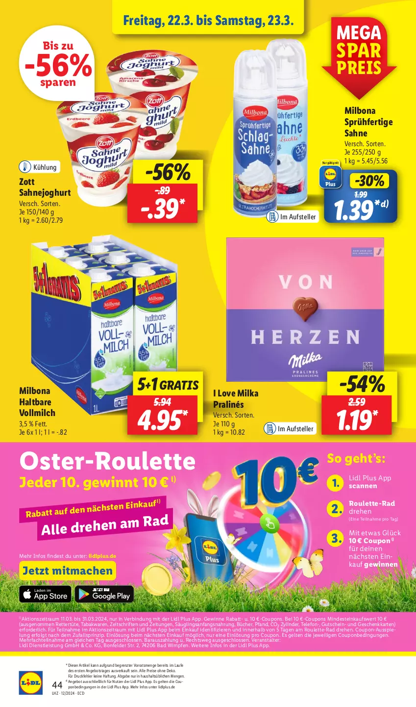 Aktueller Prospekt Lidl - Aktionsprospekt - von 18.03 bis 23.03.2024 - strona 56 - produkty: angebot, Bad, Bona, coupon, coupons, drucker, eis, elle, Engel, gutschein, joghur, joghurt, kerze, LG, mac, Milbona, milch, milka, papier, reis, sahne, Sahnejoghurt, telefon, teller, Ti, Tüte, vollmilch, zott, ZTE