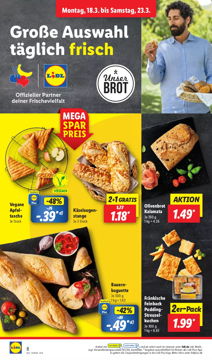 Aktueller Prospekt Lidl - Aktionsprospekt - von 18.03 bis 23.03.2024 - strona 8 - produkty: angebot, apfel, auer, baguette, Bau, Bauer, brot, coupon, eis, Käse, kuchen, ndk, olive, oliven, pudding, reis, Schal, Schale, Tasche, Ti