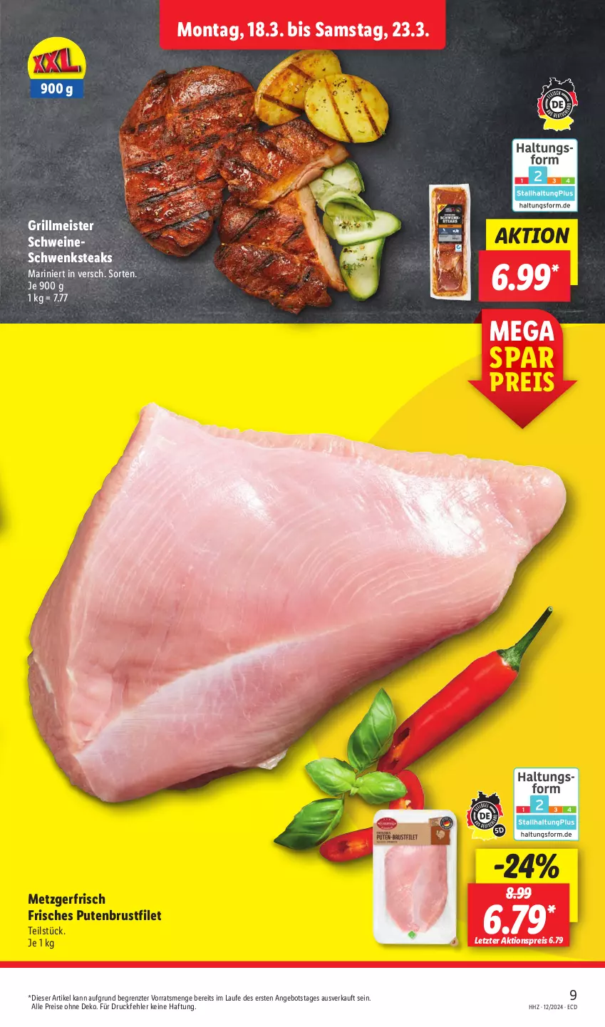 Aktueller Prospekt Lidl - Aktionsprospekt - von 18.03 bis 23.03.2024 - strona 9 - produkty: aktionspreis, angebot, brustfilet, eis, filet, grill, Meister, pute, putenbrust, putenbrustfilet, reis, schwein, schweine, steak, steaks, Ti, wein, weine, ZTE