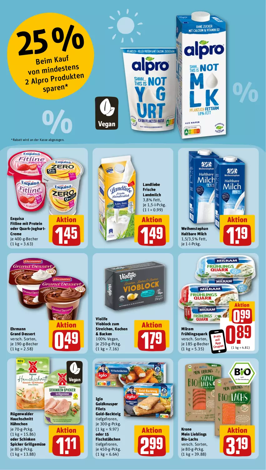 Aktueller Prospekt Rewe - Prospekte - von 28.08 bis 02.09.2023 - strona 10 - produkty: alpro, Becher, bio, coupon, creme, dessert, ehrmann, Ehrmann Grand Dessert, eis, exquisa, filet, filets, fisch, fischstäbchen, fitline, grill, haltbare milch, iglo, joghur, joghurt, krone, lachs, landliebe, landmilch, LG, milch, milram, quark, reis, rügenwalder, schinken, schinken spicker, Ti, weihenstephan