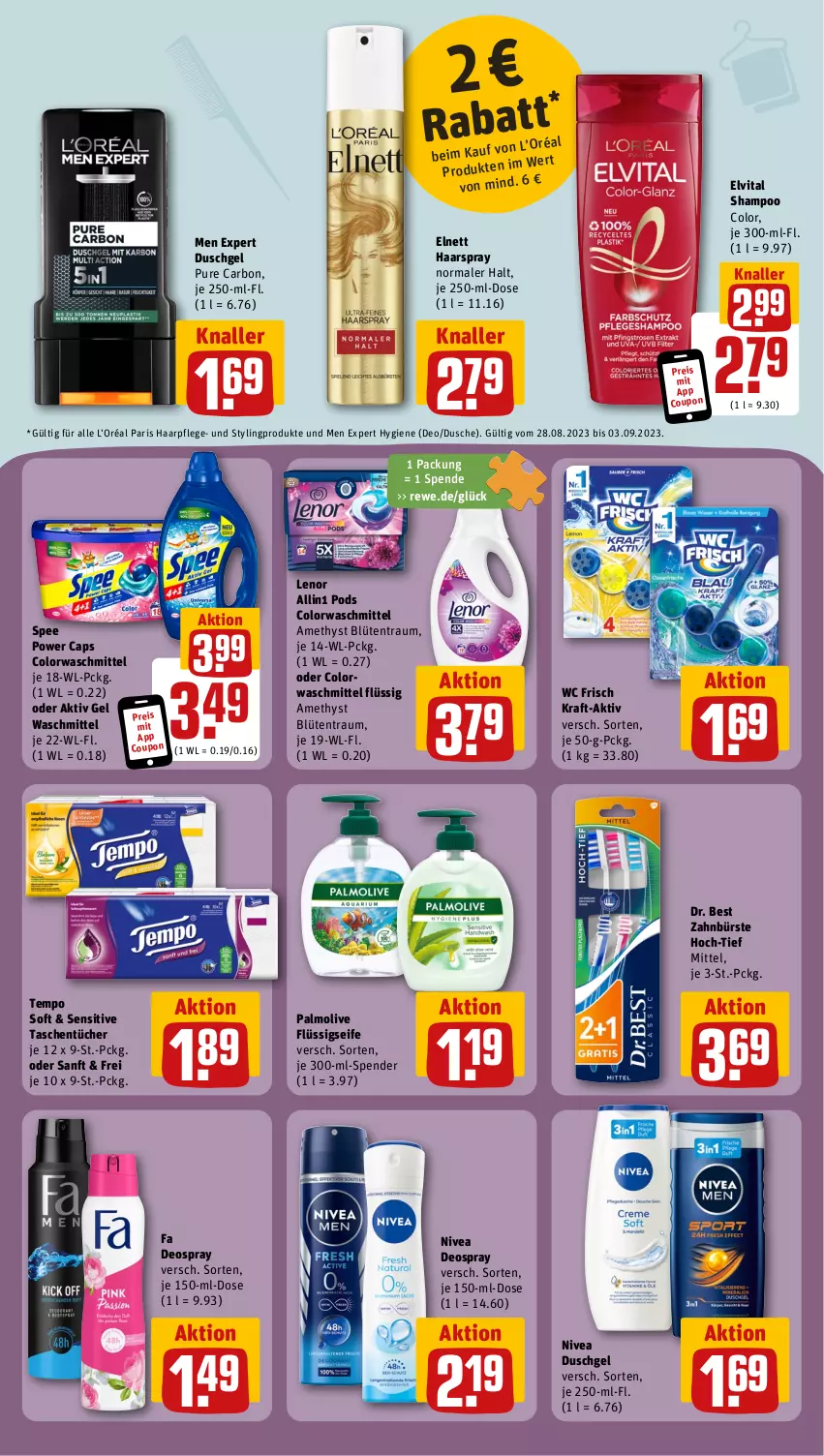 Aktueller Prospekt Rewe - Prospekte - von 28.08 bis 02.09.2023 - strona 14 - produkty: aktiv gel, Blüte, bürste, Cap, colorwaschmittel, coupon, deo, deospray, Dr. Best, dusche, duschgel, eis, elnett, elvital, flüssigseife, haarpflege, haarspray, kraft, lenor, nivea, olive, palmolive, Pods, reis, Seife, shampoo, spee, Tasche, taschen, taschentücher, Tempo, Ti, tücher, vita, waschmittel, wc frisch, zahnbürste