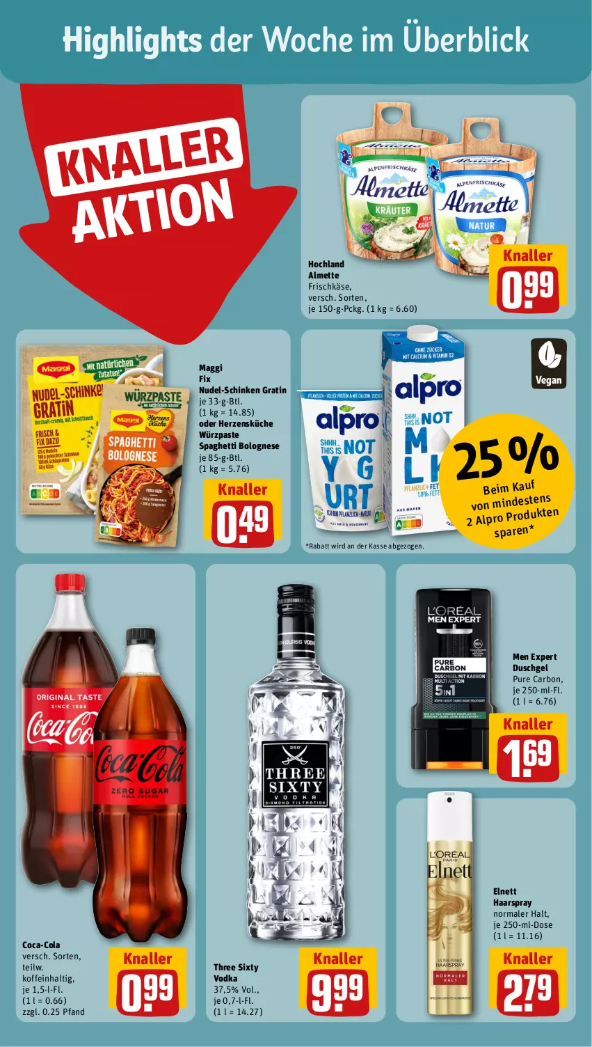 Aktueller Prospekt Rewe - Prospekte - von 28.08 bis 02.09.2023 - strona 2 - produkty: almette, alpro, bolognese, coca-cola, cola, duschgel, elnett, frischkäse, haarspray, hochland, Käse, küche, maggi, maggi fix, Mett, nudel, schinken, spaghetti, spaghetti bolognese, Three Sixty, Ti, vodka