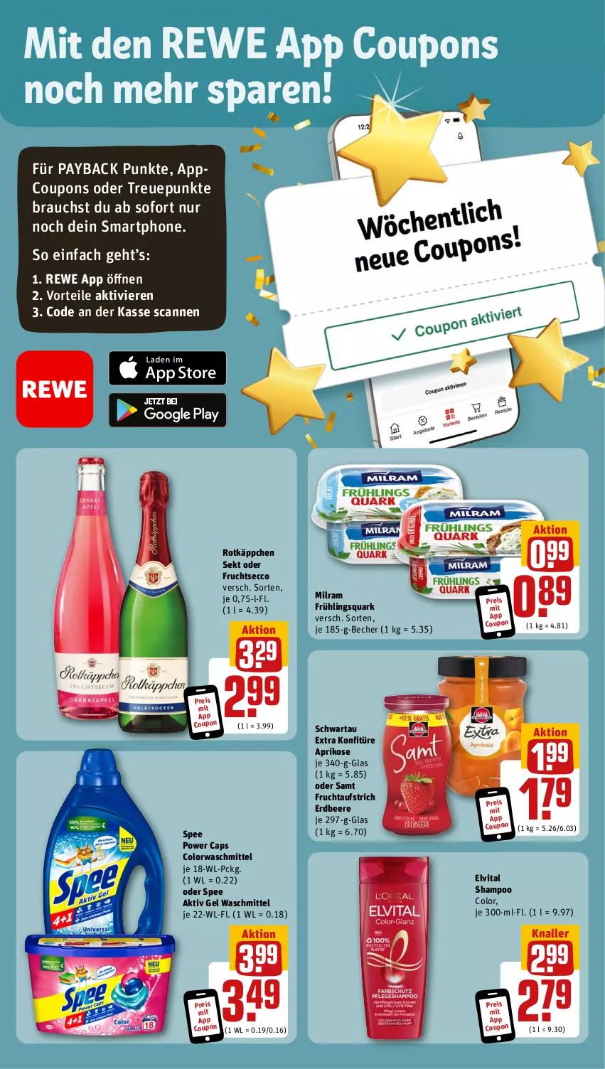 Aktueller Prospekt Rewe - Prospekte - von 28.08 bis 02.09.2023 - strona 3 - produkty: aktiv gel, aprikose, aufstrich, Becher, beere, Cap, colorwaschmittel, coupon, coupons, ecco, eis, elvital, erdbeere, frucht, fruchtaufstrich, fruchtsecco, konfitüre, milram, payback, quark, Rauch, reis, rotkäppchen, Schwartau, sekt, shampoo, smartphone, spee, Ti, vita, waschmittel