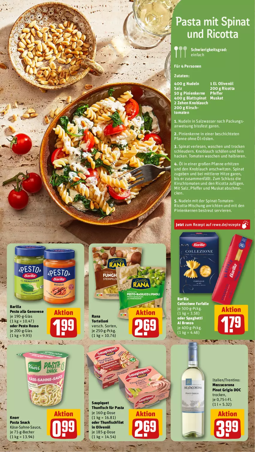 Aktueller Prospekt Rewe - Prospekte - von 28.08 bis 02.09.2023 - strona 5 - produkty: Anrichte, barilla, Becher, bier, Biere, blattspinat, corona, eis, farfalle, filet, fisch, genovese, in olivenöl, Käse, kirsch, knoblauch, knorr, knorr pasta, mezzacorona, nudel, nudeln, olive, oliven, olivenöl, pasta, pasta snack, pesto, pfanne, pfeffer, pinienkerne, Pinot, pinot grigio, Rana, rezept, rezepte, ricotta, sahne, salz, sauce, saupiquet, snack, spaghetti, spinat, thunfisch, Ti, tomate, tomaten, torte, tortelloni, wasser