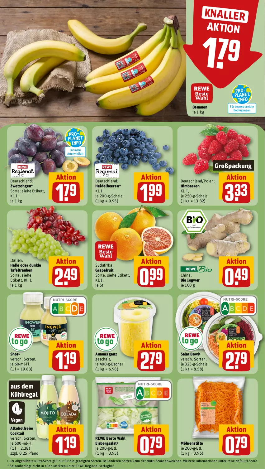 Aktueller Prospekt Rewe - Prospekte - von 28.08 bis 02.09.2023 - strona 6 - produkty: alkohol, ananas, aus dem kühlregal, banane, bananen, Becher, beere, beeren, bio, cocktail, eier, eis, eisbergsalat, elle, grapefruit, heidelbeere, heidelbeeren, himbeer, himbeere, himbeeren, ingwer, kühlregal, möhren, regal, rewe beste wahl, salat, Schal, Schale, stifte, tafeltrauben, Ti, trauben