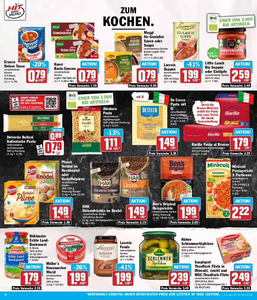 Aktueller Prospekt Hit - Wochenprospekt - von 05.08 bis 10.08.2024 - strona 10 - produkty: barilla, beutel, bio, bockwurst, böklunder, buitoni, coupon, coupons, De Cecco, ecco, eintöpfe, eis, erasco, erde, filet, filets, fisch, früchte, gin, Hausmacher, hülsenfrüchte, in olivenöl, italienische pasta, kartoffel, Kartoffelpüree, Knödel, knorr, kochbeutel, Kühne, mac, maggi, Mirácoli, Müller, natur, natura, olive, oliven, olivenöl, pasta, Pastagericht, pfanni, püree, reis, sauce, saucen, saupiquet, schlemmertöpfchen, senf, suppe, suppen, tasse, thunfisch, thunfisch filets, Ti, Töpfchen, wurst, ZTE