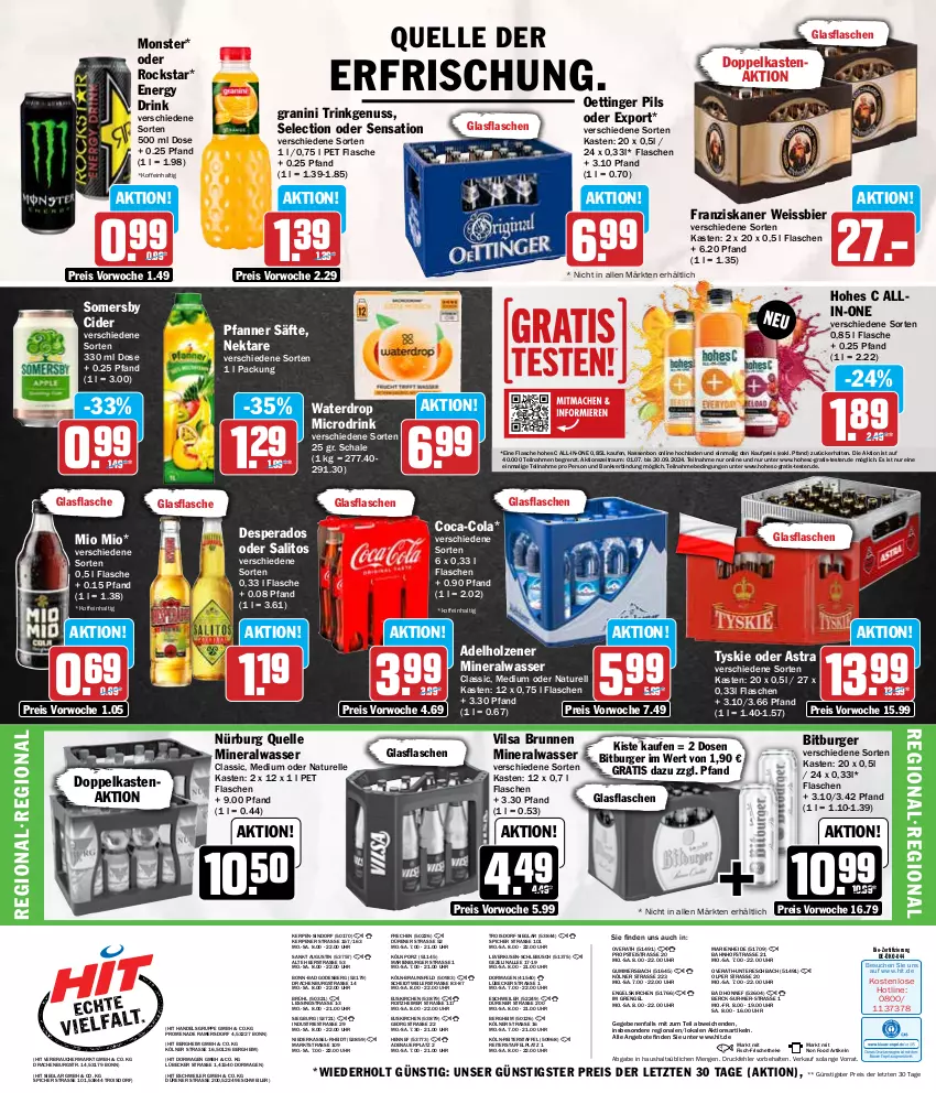 Aktueller Prospekt Hit - Wochenprospekt - von 05.08 bis 10.08.2024 - strona 16 - produkty: adelholzener, Alwa, angebot, angebote, Astra, auer, Bad, Bank, bier, bio, bitburger, braun, brunnen, burger, cider, coca-cola, cola, desperados, drink, eimer, eis, elle, energy drink, Engel, fisch, flasche, franziskaner, glasflasche, granini, Hohes C, Holz, Lübecker, mineralwasser, Mio Mio, monster, natur, Nektar, nuss, oettinger, pfanne, Pfanner, pils, Rauch, reis, rel, Rockstar, säfte, Schal, Schale, somersby, Ti, tyskie, uhr, vilsa, wasser, weissbier, ZTE