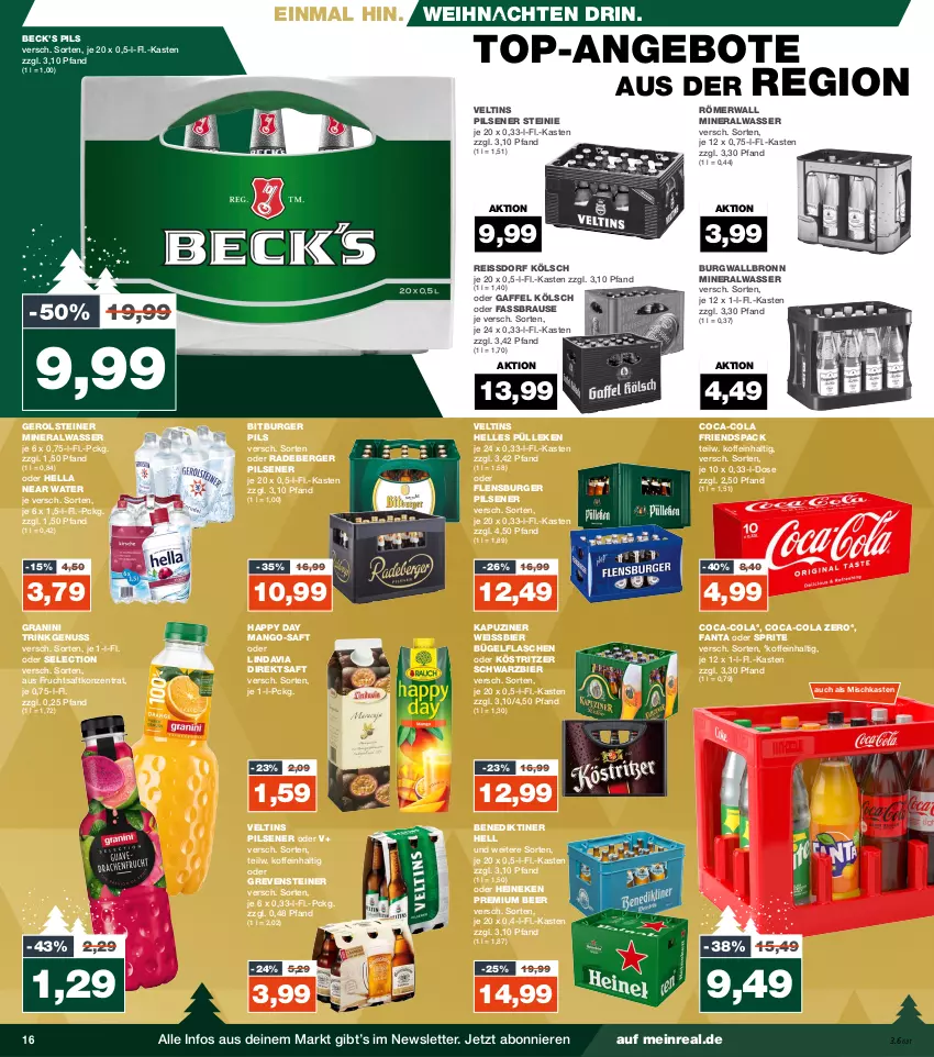 Aktueller Prospekt Real - von 18.12 bis 23.12.2023 - strona 16 - produkty: Alwa, angebot, angebote, Benediktiner, Berger, bier, bitburger, bitburger pils, brause, bügel, bügelflasche, burger, burgwallbronn, coca-cola, cola, direktsaft, eis, elle, fanta, fanta oder, fanta oder sprite, fassbrause, flasche, flensburger, frucht, fruchtsaft, gerolsteine, gerolsteiner, granini, grevensteiner, Happy Day, heineken, hella, köstritzer, mango, mineralwasser, nuss, oder sprite, pils, pilsener, radeberger, reis, reiss, saft, sprite, ssd, steiner, Ti, top-angebot, veltins, veltins pilsener, wasser, weihnachten, weissbier