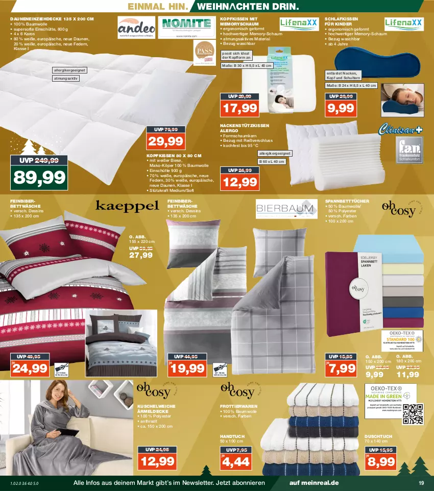 Aktueller Prospekt Real - von 18.12 bis 23.12.2023 - strona 19 - produkty: Bau, baumwolle, bett, bettwäsche, coupon, coupons, decke, duschtuch, eis, Ergee, handtuch, Kinder, kissen, kopfkissen, kraft, Kuschelweich, nackenstützkissen, payback, reis, reiss, Ria, Spannbetttücher, Ti, tuc, tücher, weihnachten, wolle