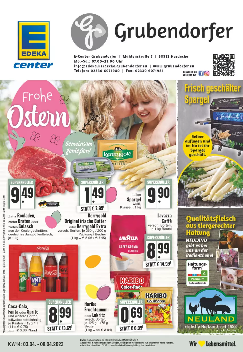 Aktueller Prospekt E Center - Angebote der Woche - von 03.04 bis 08.04.2023 - strona 1 - produkty: Becher, beutel, braten, butter, caffe, coca-cola, cola, decke, deka, eis, elle, ente, erde, fanta, fanta oder, fleisch, frucht, fruchtgummi, gin, gulasch, haribo, irische butter, jungbullen, kerrygold, kerrygold extra, Lakritz, lavazza, lebensmittel, oder lakritz, reis, rel, rouladen, spargel, sprite, telefon, teller, Ti, uhr, ZTE