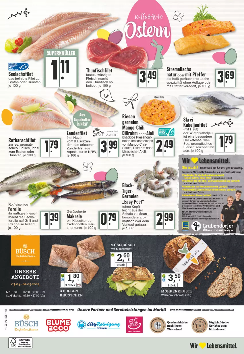 Aktueller Prospekt E Center - Angebote der Woche - von 03.04 bis 08.04.2023 - strona 28 - produkty: aioli, angebot, angebote, aqua, braten, brot, chili, decke, eier, eis, elle, erde, filet, fisch, fleisch, forelle, garnelen, grill, grill und pfanne, ideal zum braten, kabeljaufilet, Kaiser, lachs, lachsfilet, lack, lebensmittel, Maasdam, maasdamer, mac, Makrele, mango, möhren, müsli, natur, pfanne, pfeffer, rel, Rotbarsch, rotbarschfilet, saft, sauce, Schal, Schale, seelachsfilet, Spezi, thunfisch, Ti, tisch, uhr, und pfanne, weizenmischbrot, Zander