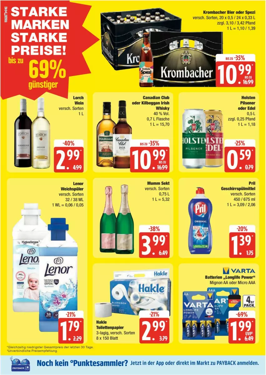 Aktueller Prospekt Edeka - Prospekte - von 06.01 bis 11.01.2025 - strona 6 - produkty: batterie, batterien, bier, eis, flasche, geschirr, geschirrspülmittel, hakle, hakle toilettenpapier, holsten, kilbeggan, krombache, krombacher, lenor, longlife, mumm, papier, payback, pils, pilsener, pril, reis, sekt, Spezi, spülmittel, tesa, Ti, toilettenpapier, varta, weichspüler, wein, whisky, ZTE