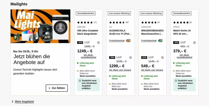 Aktueller Prospekt Saturn - Prospekte - von 05.05 bis 14.05.2025 - strona 1 - produkty: angebot, angebote, Apple, Apple Watch, Apple Watch SE, GPS, lack, LG, ndk, Samsung, Saugroboter, Ti, uhr, versandkostenfrei, waschmaschine