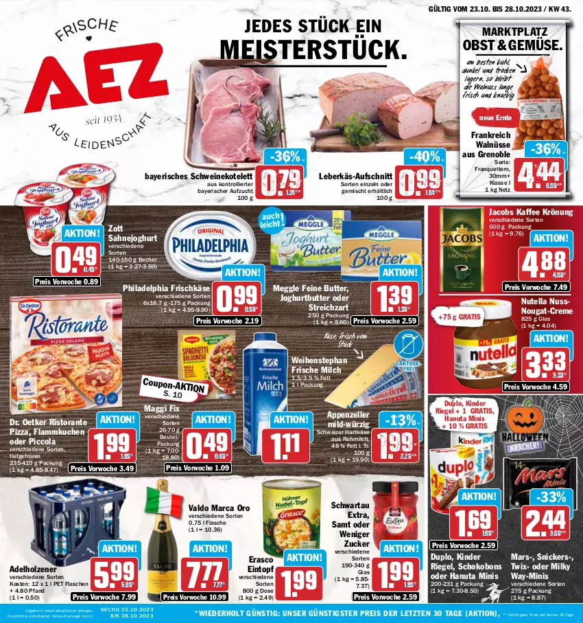 Aktueller Prospekt Aez - Prospekte - von 23.10 bis 28.10.2023 - strona 1 - produkty: adelholzener, appenzeller, aufschnitt, Becher, beutel, butter, cola, coupon, creme, Dr. Oetker, duplo, eintopf, eis, elle, erasco, flammkuchen, flasche, frische milch, frischkäse, hanuta, hartkäse, Holz, jacobs, joghur, joghurt, kaffee, Käse, Kinder, kinder riegel, kotelett, kuchen, lamm, leberkäs, maggi, maggi fix, mars, meggle, Meister, milch, milky way, nuss, nutella, obst, philadelphia, pizza, reis, riegel, ristorante, ristorante pizza, sahne, Sahnejoghurt, schoko, Schwartau, schwein, schweine, schweinekotelett, schweizer hartkäse, snickers, Streichzart, Ti, topf, trolli, twix, valdo, walnuss, weihenstephan, wein, weine, zott, ZTE, zucker