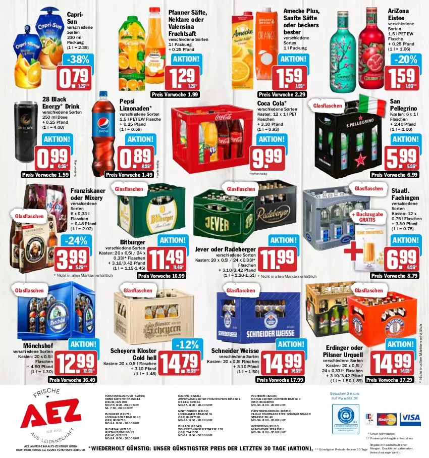 Aktueller Prospekt Aez - Prospekte - von 23.10 bis 28.10.2023 - strona 16 - produkty: AEZ, amecke, Beckers Bester, Berger, bitburger, buch, burger, Cap, cola, drink, drucker, eis, eistee, elle, Engel, ente, erdinger, fisch, flasche, franziskaner, frucht, fruchtsaft, Germ, glasflasche, jever, kerze, lack, limo, limonade, limonaden, Mixer, mixery, mönchshof, Nektar, pepsi, perla, pfanne, Pfanner, pils, pilsner, pilsner urquell, radeberger, reis, ring, rum, saft, säfte, san pellegrino, Staatl. Fachingen, tee, teller, Ti, uhr, valensina, ZTE