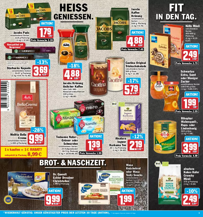 Aktueller Prospekt Aez - Prospekte - von 23.10 bis 28.10.2023 - strona 9 - produkty: bella crema, beutel, bihophar, brot, eis, espresso, gin, hafer, honig, ingwer, jacobs, jacobs krönung, kaffee, knäckebrot, kokos, kölln, löslicher kaffee, melitta, müsli, natur, natura, nespresso, nestlé, reis, schoko, schokolade, Schwartau, snack, snacks, starbucks, Stollen, tee, teekanne, Ti, wasa, ZTE, zucker