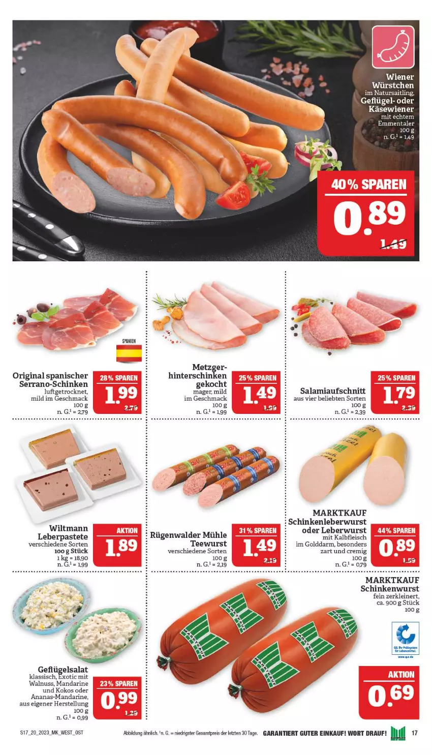 Aktueller Prospekt Marktkauf - Prospekt - von 14.05 bis 20.05.2023 - strona 17 - produkty: ananas, aufschnitt, eis, fleisch, Geflügel, geflügelsalat, gin, hinterschinken, Kalbfleisch, Käse, kokos, lebensmittel, leberwurst, leine, mac, mandarine, mit kalbfleisch, natur, nuss, pastete, reis, rügenwalder, rügenwalder mühle, salami, salat, schinken, schinkenwurst, serrano, tee, teewurst, Ti, walnuss, wiener, wiltmann, wurst, ZTE