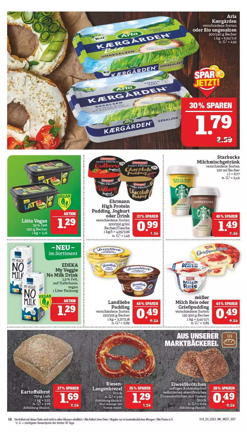 Aktueller Prospekt Marktkauf - Prospekt - von 14.05 bis 20.05.2023 - strona 18 - produkty: Becher, bio, brot, brötchen, deka, drink, ehrmann, eis, Fitnessbrötchen, getränk, gin, Grießpudding, hafer, joghur, joghurt, kartoffel, Kartoffelbrot, landliebe, lätta, milch, Müller, pudding, reis, salz, starbucks, Ti, ZTE