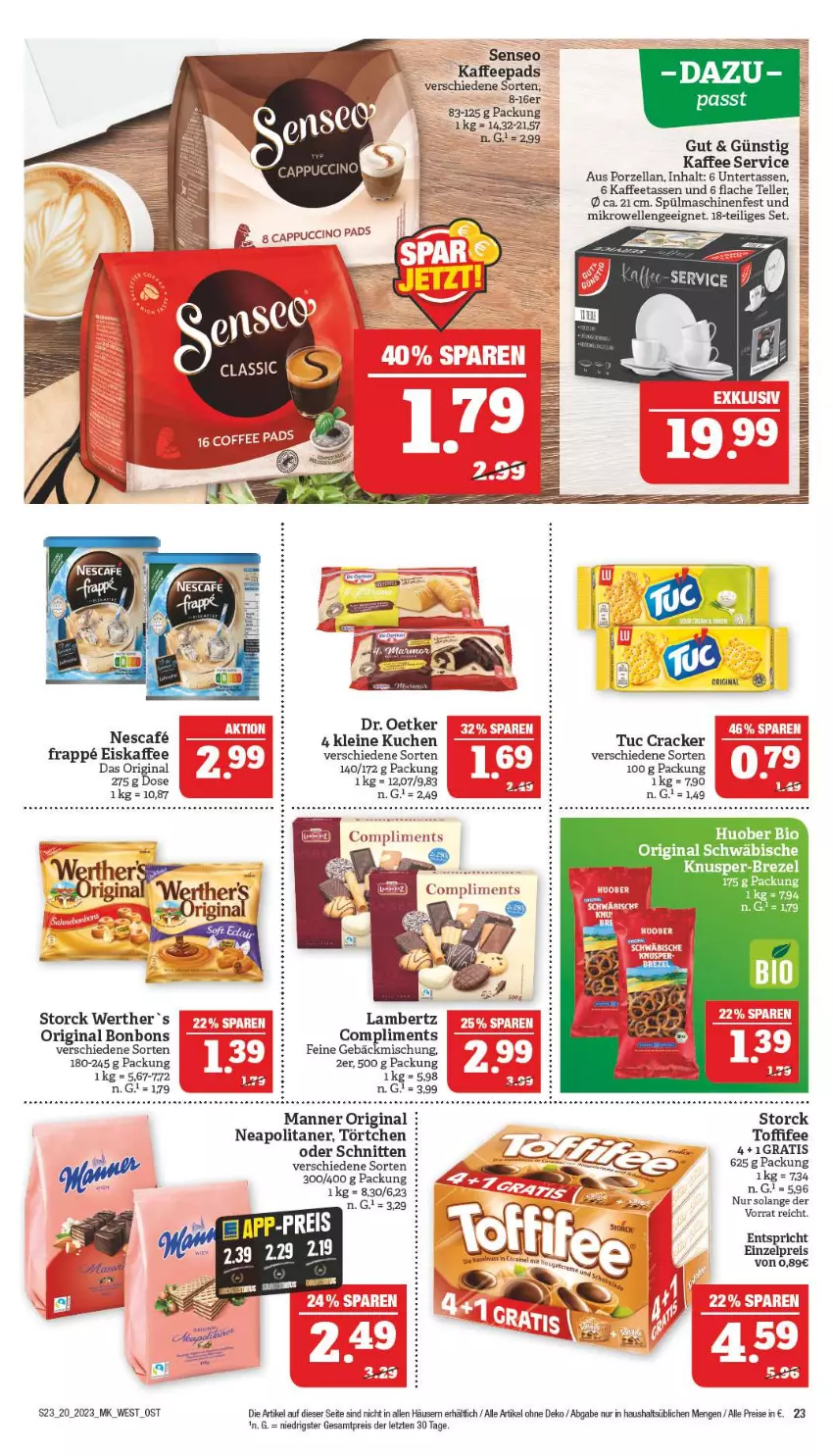 Aktueller Prospekt Marktkauf - Prospekt - von 14.05 bis 20.05.2023 - strona 23 - produkty: Amber, bonbons, brezel, cracker, Dr. Oetker, eis, eiskaffee, elle, Feine Gebäckmischung, gebäckmischung, gin, kaffee, kaffeepads, Kaffeetassen, kuchen, lambertz, leine, Manner, mikrowelle, nescafe, reis, schnitten, senseo, spülmaschinen, storck, tasse, teller, Ti, toffifee, Törtchen, tuc, ZTE