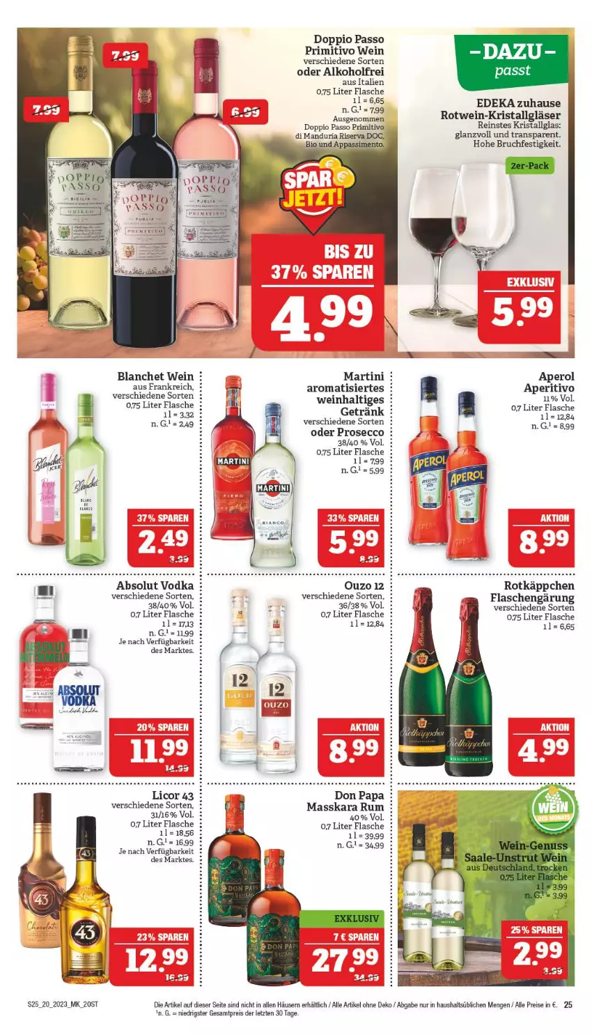 Aktueller Prospekt Marktkauf - Prospekt - von 14.05 bis 20.05.2023 - strona 25 - produkty: Absolut Vodka, alkohol, aperol, bio, deka, doppio passo, ecco, eis, flasche, getränk, Gläser, LG, licor, licor 43, martini, ouzo, ouzo 12, passo, primitivo, prosecco, reis, Ria, riserva, rotkäppchen, rotwein, rum, Ti, vodka, wein, ZTE