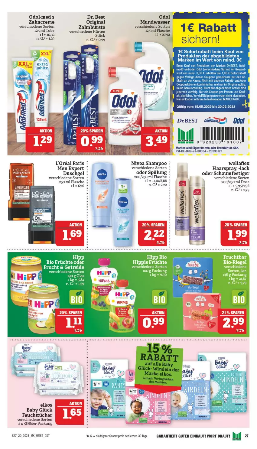 Aktueller Prospekt Marktkauf - Prospekt - von 14.05 bis 20.05.2023 - strona 27 - produkty: bio, bürste, coupon, coupons, creme, Dr. Best, duschgel, eis, elkos, erde, felgen, feuchttücher, flasche, frucht, früchte, gin, haarspray, hipp, lack, LG, magnesium, mundwasser, nivea, oder schaumfestiger, Odol, odol med, odol med3, Odol-med 3, reis, riegel, schaumfestiger, shampoo, sofortrabatt, spülung, Ti, tücher, wasser, Wella, wellaflex, zahnbürste, zahncreme, ZTE