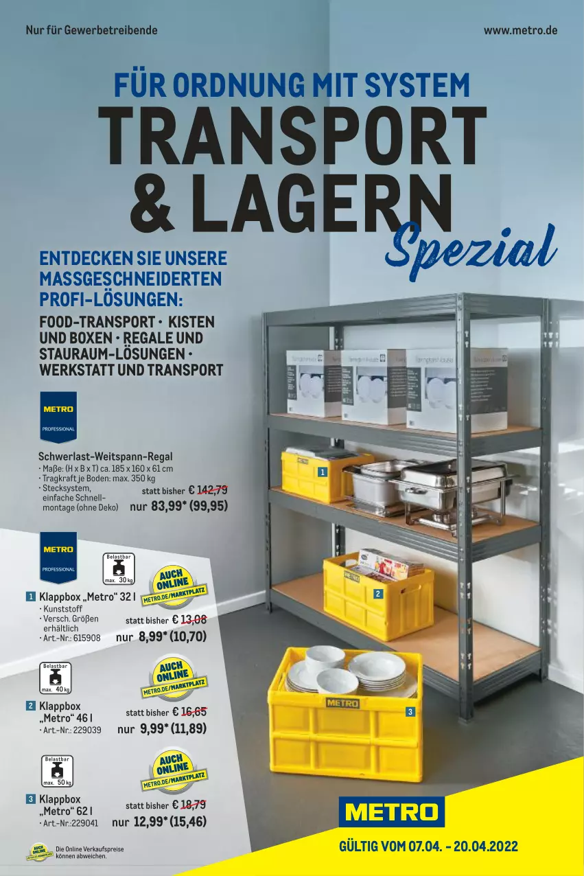 Aktueller Prospekt Metro - Transport & Lagern Spezial - von 07.04 bis 20.04.2022 - strona 1 - produkty: decke, eis, Klappbox, kraft, Metro, regal, reis, Spezi, Sport, Ti