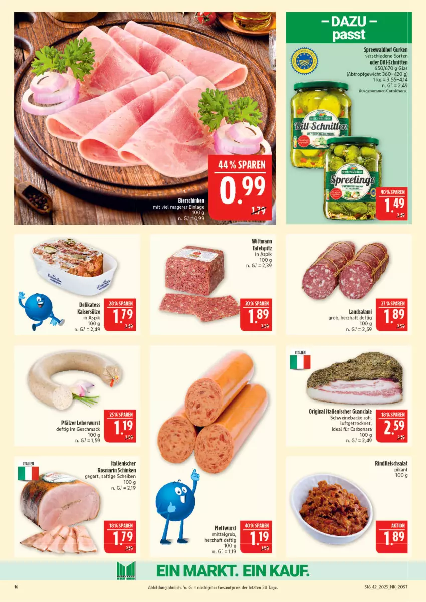 Aktueller Prospekt Marktkauf - Prospekt - von 12.10 bis 18.10.2025 - strona 16 - produkty: Bona, eis, fleisch, fleischsalat, gin, gurke, gurken, Kaiser, Kaisersülze, leberwurst, LG, mac, Mett, mettwurst, reis, rind, rindfleisch, rosmarin, saft, salami, salat, schinken, schnitten, schwein, schweine, spreewaldhof, tafelspitz, Ti, wein, weine, wiltmann, wurst, ZTE