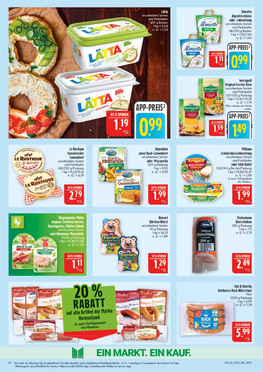 Aktueller Prospekt Marktkauf - Prospekt - von 12.10 bis 18.10.2025 - strona 20 - produkty: aktionspreis, almette, alpenfrischkäse, Alpenhain, Becher, bier, bierschinken, camembert, deka, eis, fisch, frischfisch, frischkäse, gin, Käse, kerrygold, Le Rustique, Mett, milka, milkana, mozzarella, nuss, reinert, reis, rel, schinken, Schmelzkäse, Ti, wurst, würstchen, ZTE