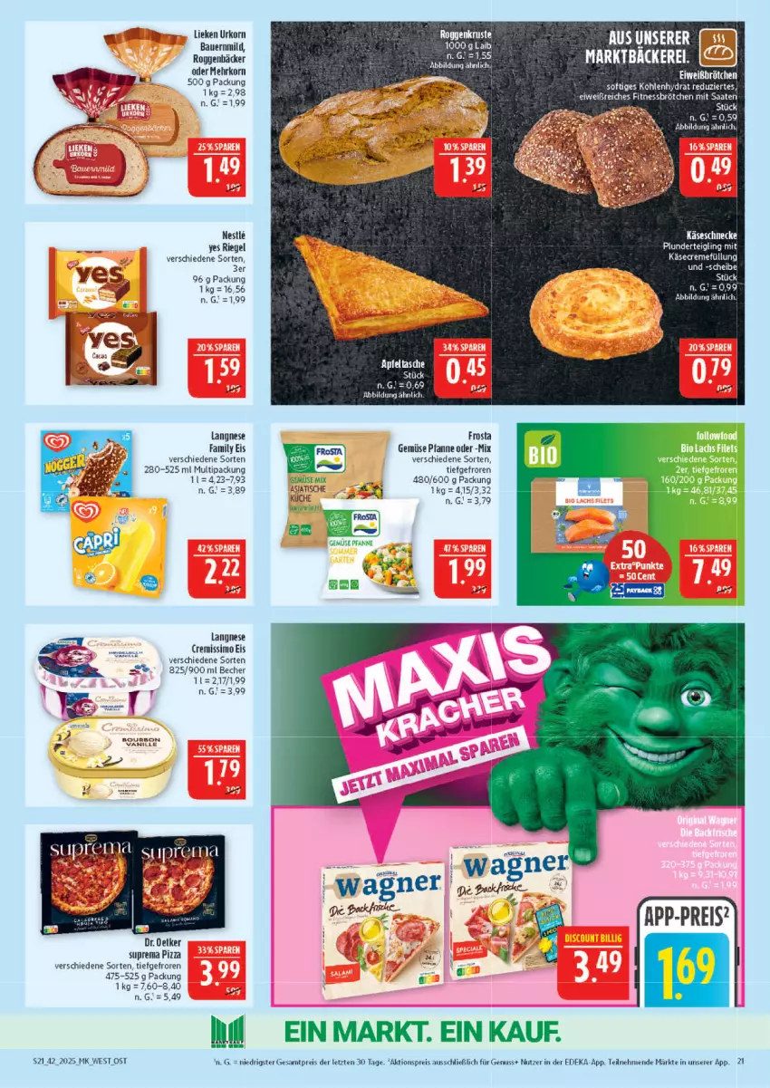 Aktueller Prospekt Marktkauf - Prospekt - von 12.10 bis 18.10.2025 - strona 21 - produkty: aktionspreis, auer, Bau, Bauer, Becher, bourbon, brötchen, creme, cremissimo, deka, Dr. Oetker, eis, Fitnessbrötchen, frosta, gemuse, Gemüse Mix, Käse, Käseschnecke, korn, langnese, langnese cremissimo, lieken, pfanne, pizza, Plunder, reis, riegel, sim, Ti, tisch, urkorn, ZTE