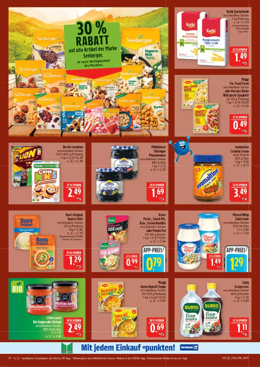Aktueller Prospekt Marktkauf - Prospekt - von 12.10 bis 18.10.2025 - strona 22 - produkty: aktionspreis, Becher, Ben’s Original, Berger, cerealien, chorizo, creme, deka, eis, essig, flasche, gin, küche, mehl, miracel, miracel whip, nuss, paella, pasta, reis, salat, salatcreme, seeberger, snack, spaghetti, Spezi, suppe, Ti, type 405, weizenmehl, ZTE