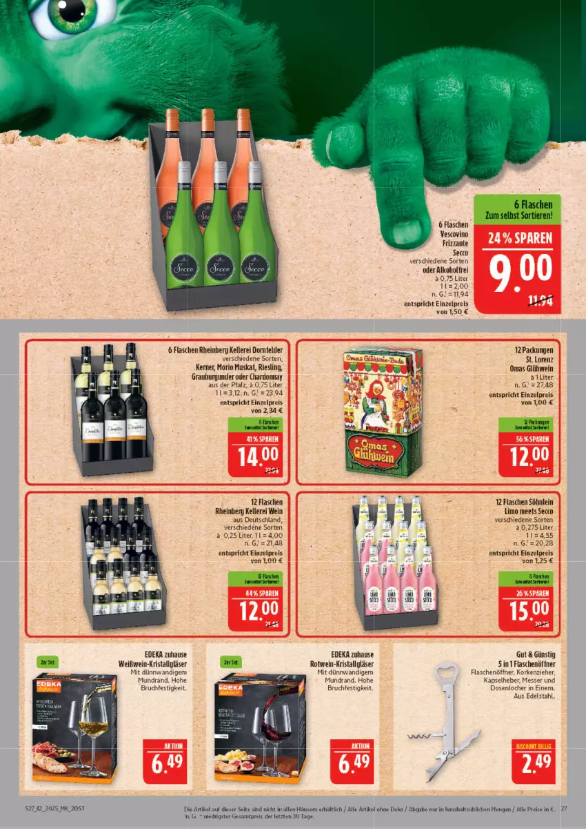 Aktueller Prospekt Marktkauf - Prospekt - von 12.10 bis 18.10.2025 - strona 27 - produkty: alkohol, burgunder, chardonnay, deka, dornfelder, ecco, edelstahl, eis, elle, flasche, flaschenöffner, frizzante, Gläser, Glühwein, grauburgunder, LG, limo, lorenz, messer, reis, riesling, rotwein, söhnlein, Ti, Tiere, vescovino, wein, Weißwein, weißwein-, ZTE