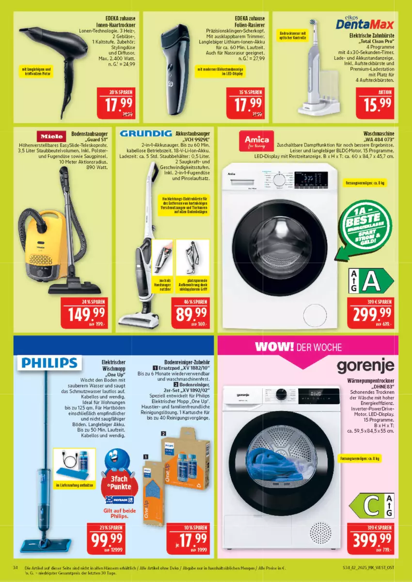 Aktueller Prospekt Marktkauf - Prospekt - von 12.10 bis 18.10.2025 - strona 34 - produkty: akku, aufsteckbürsten, aust, Behälter, beutel, bodenstaubsauger, bürste, bürsten, deka, eis, elektrische zahnbürste, Elektro, elle, gorenje, grundig, haartrockner, kraft, Lithium-Lonen-Akku, Mode, Philips, Pinsel, rasierer, reiniger, Reinigung, reis, rwe, Schal, Spezi, staubbeutel, staubsauger, Stier, Teleskop, Ti, timer, tisch, Trockner, wärmepumpentrockner, waschmaschine, waschmaschinen, wasser, WICK, Wischmopp, wolle, zahnbürste, ZTE