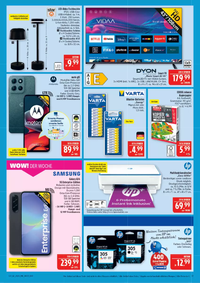 Aktueller Prospekt Marktkauf - Prospekt - von 12.10 bis 18.10.2025 - strona 37 - produkty: abus, akku, batterie, batterien, deka, drucker, dyon, eis, ente, frontkamera, gin, HDMI, HP, kamera, kopierpapier, Leuchte, motorola, multifunktionsdrucker, papier, reis, Ti, Tintenpatrone, tisch, tischleuchte, usb, varta, Yo