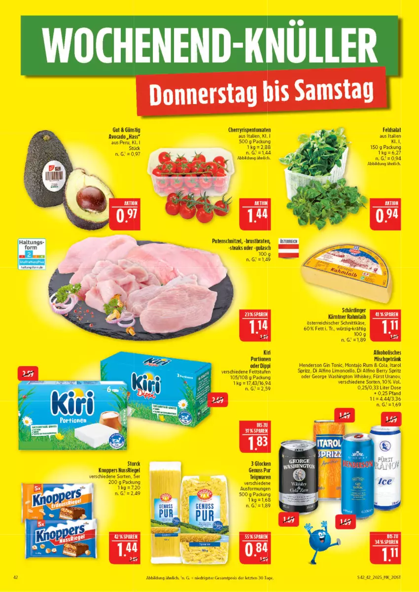 Aktueller Prospekt Marktkauf - Prospekt - von 12.10 bis 18.10.2025 - strona 42 - produkty: alkohol, cola, dip, eis, enders, feldsalat, getränk, gin, gulasch, Käse, knoppers, limo, nuss, nussriegel, österreichischer schnittkäse, pute, putenschnitzel, reis, riegel, rispentomaten, rum, salat, Schärdinger, schnittkäse, schnitzel, Sprizz, steak, steaks, storck, teigwaren, Ti, tomate, tomaten, tonic, whiskey, ZTE