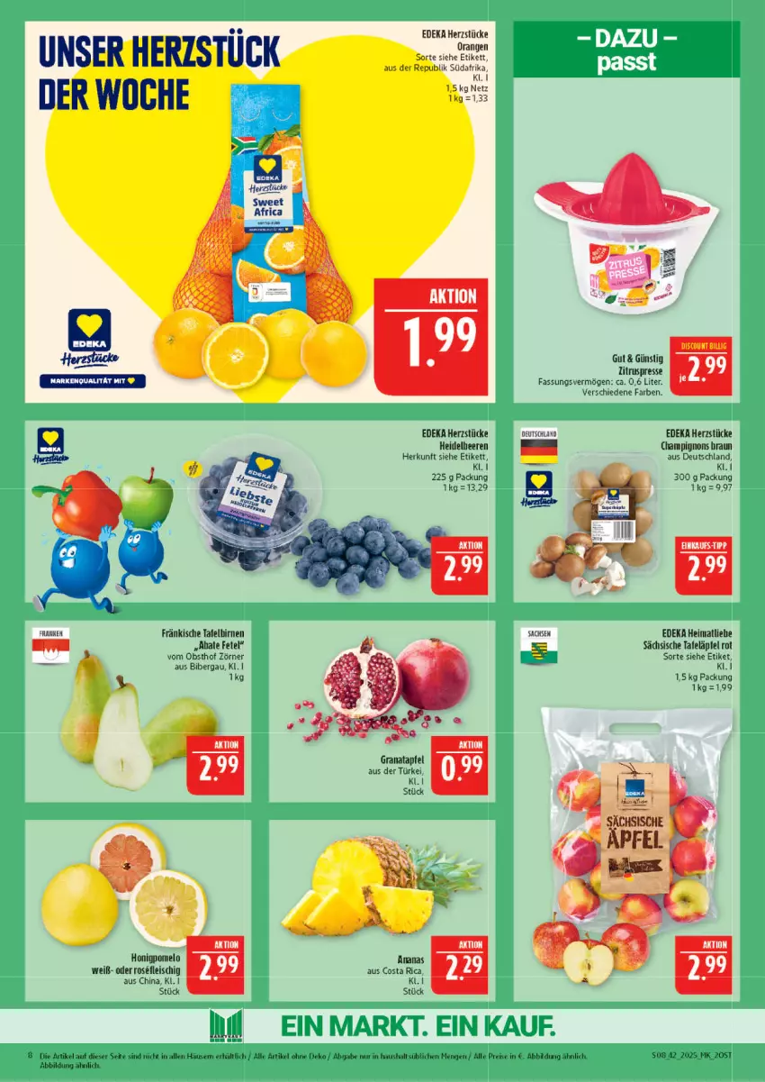 Aktueller Prospekt Marktkauf - Prospekt - von 12.10 bis 18.10.2025 - strona 8 - produkty: ananas, apfel, Bau, beere, beeren, Birnen, braun, champignon, champignons, champignons braun, deka, discount, eis, fleisch, grana, granatapfel, heidelbeere, heidelbeeren, honig, Honigpomelo, obst, orange, orangen, Pomelo, Rana, reis, sac, tafeläpfel, tafelbirnen, Ti, Zitruspresse