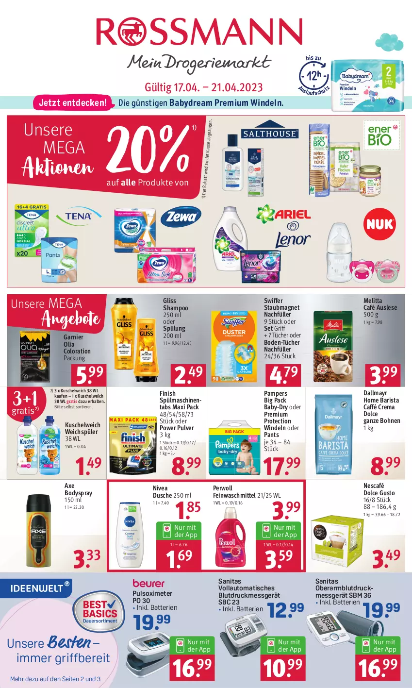 Aktueller Prospekt Rossmann - Prospekte - von 17.04 bis 21.04.2023 - strona 1 - produkty: angebot, angebote, auto, axe, baby-dry, babydream, batterie, batterien, Blutdruckmessgerät, body, bodyspray, bohne, bohnen, dallmayr, decke, dolce gusto, dusche, feinwaschmittel, Finish, garnier, gliss, Kuschelweich, melitta, Nescafé, nivea, pampers, Pants, perwoll, shampoo, shampoo 250 ml, spülmaschinen, spülmaschinentabs, spülung, spülung 200 ml, staubmagnet, swiffer, Ti, Tiere, tisch, tücher, waschmittel, weichspüler, windeln, windeln oder pants