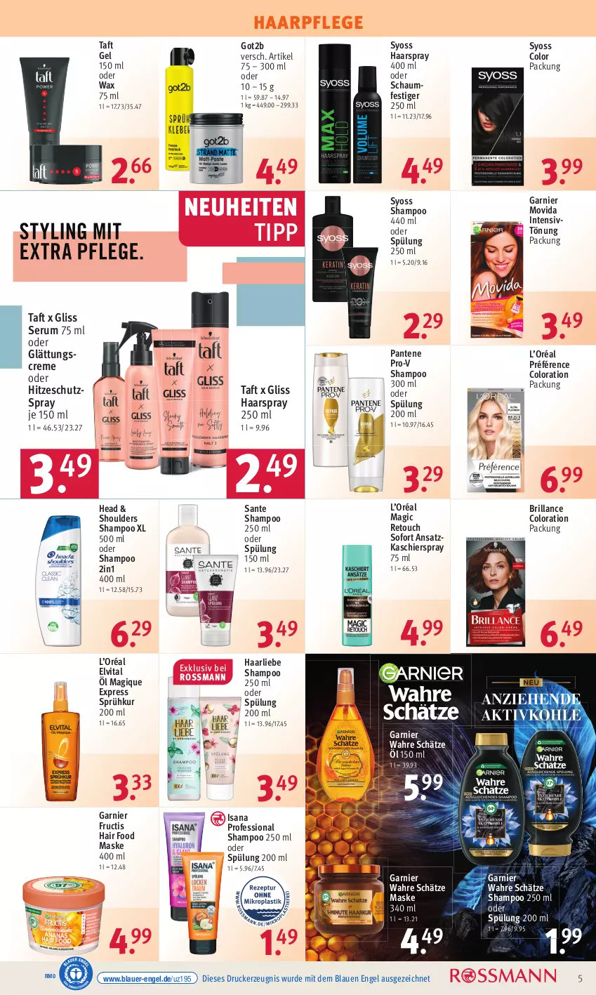 Aktueller Prospekt Rossmann - Prospekte - von 17.04 bis 21.04.2023 - strona 5 - produkty: auer, brillance, creme, drucker, elvital, Engel, fructis, garnier, gliss, got2b, haarpflege, haarspray, Intensivtönung, isana, kerze, Maske, neuheit, oder schaumfestiger, pantene, pantene pro-v, pro-v, rum, sana, SANTE, schaumfestiger, Serum, shampoo, shampoo 250 ml, spülung, spülung 200 ml, syoss, Taft, Ti, vita, Wahre Schätze, Yo