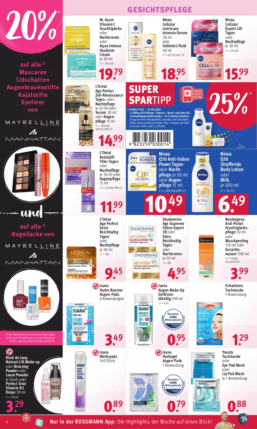 Aktueller Prospekt Rossmann - Prospekte - von 17.04 bis 21.04.2023 - strona 6 - produkty: aqua, Augenpflege, body, body lotion, coupon, creme, Diadermine, eis, Eyeliner, feuchtigkeitspflege, gesichtspflege, Gesichtswasser, HP, hyaluron, isana, kosmetik, lack, Lacke, Loose, Lotion, Make-up, Mascara, Maske, nachtcreme, nachtpflege, Nagellack, natur, natura, neutrogena, nivea, Peeling, Q10, reis, Revital, revitalift, rum, sana, Schaebens, Serum, spartipp, stifte, Ti, Tiere, tuc, tuchmaske, vita, Vitamin B, Vitamin C, wasser, wattepads