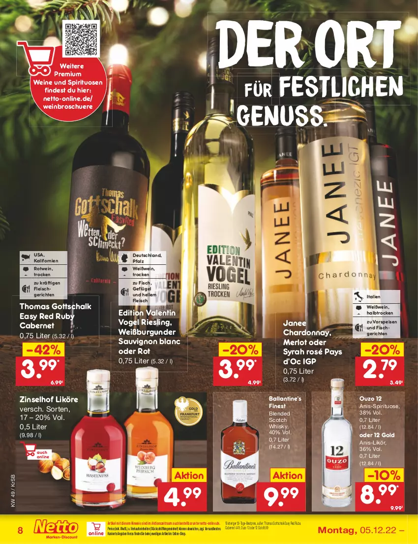 Aktueller Prospekt Netto Marken-Discount - Filial-Angebote - von 05.12 bis 10.12.2022 - strona 10 - produkty: ball, bestpreis, blended scotch, blended scotch whisky, burgunder, cabernet, chardonnay, eis, elle, fisch, fleisch, Geflügel, likör, merl, merlot, ndk, nuss, ouzo, ouzo 12, reis, riesling, rotwein, sauvignon, sauvignon blanc, Schal, scotch, scotch whisky, spirituosen, Ti, vorspeise, wein, weine, Weißburgunder, Weißwein, whisky