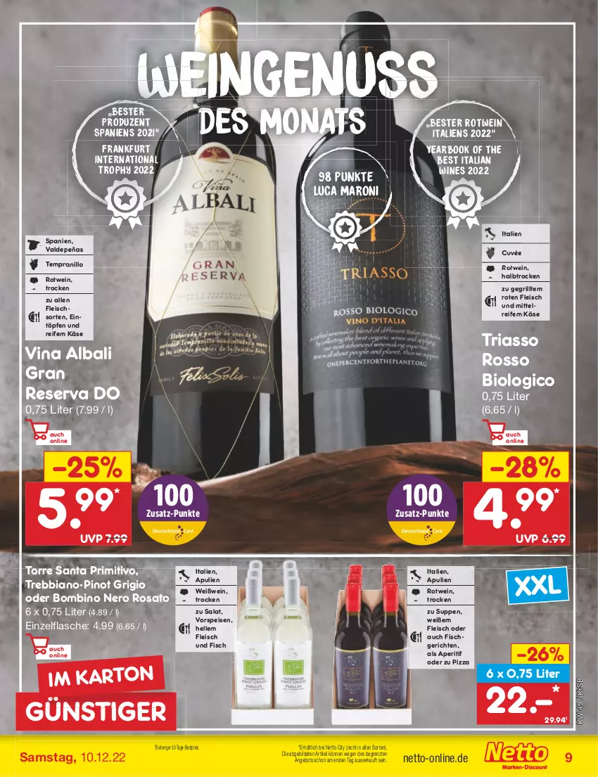 Aktueller Prospekt Netto Marken-Discount - Filial-Angebote - von 05.12 bis 10.12.2022 - strona 11 - produkty: angebot, aperitif, bestpreis, bio, cuvée, eintöpfe, eis, elle, fisch, flasche, fleisch, grill, Käse, nero, nuss, Pinot, pinot grigio, pizza, primitivo, reis, Ria, rosato, rotwein, salat, suppe, suppen, tempranillo, Ti, vorspeise, wein, Weißwein, ZTE