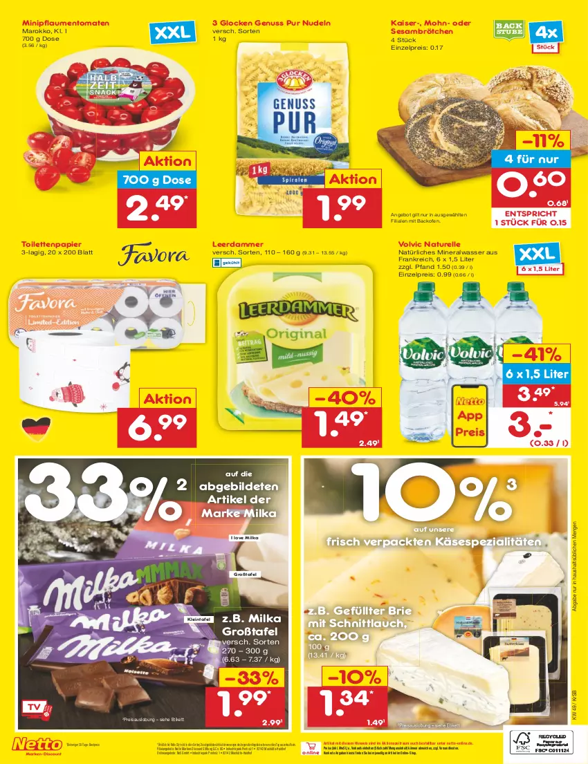 Aktueller Prospekt Netto Marken-Discount - Filial-Angebote - von 05.12 bis 10.12.2022 - strona 2 - produkty: Alwa, angebot, angebote, backofen, bestpreis, brie, brötchen, discount, eis, elle, Holz, Kaiser, Käse, leerdammer, marken-discount, milka, mineralwasser, natur, natürliches mineralwasser, ndk, nudel, nudeln, nuss, Ofen, papier, pflaume, pflaumen, reis, rel, schnittlauch, sesam, Spezi, stube, Ti, toilettenpapier, tomate, tomaten, volvic, wasser, ZTE