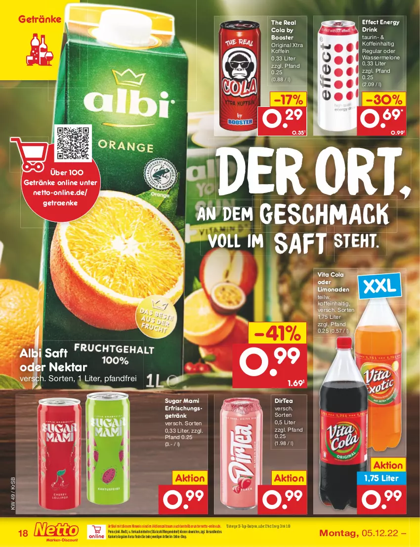 Aktueller Prospekt Netto Marken-Discount - Filial-Angebote - von 05.12 bis 10.12.2022 - strona 20 - produkty: bestpreis, cola, drink, Effect, eis, energy drink, erfrischungsgetränk, getränk, getränke, gin, limo, limonade, limonaden, mac, mam, melone, ndk, Nektar, reis, saft, Ti, vita, Vita C, wasser, wassermelone