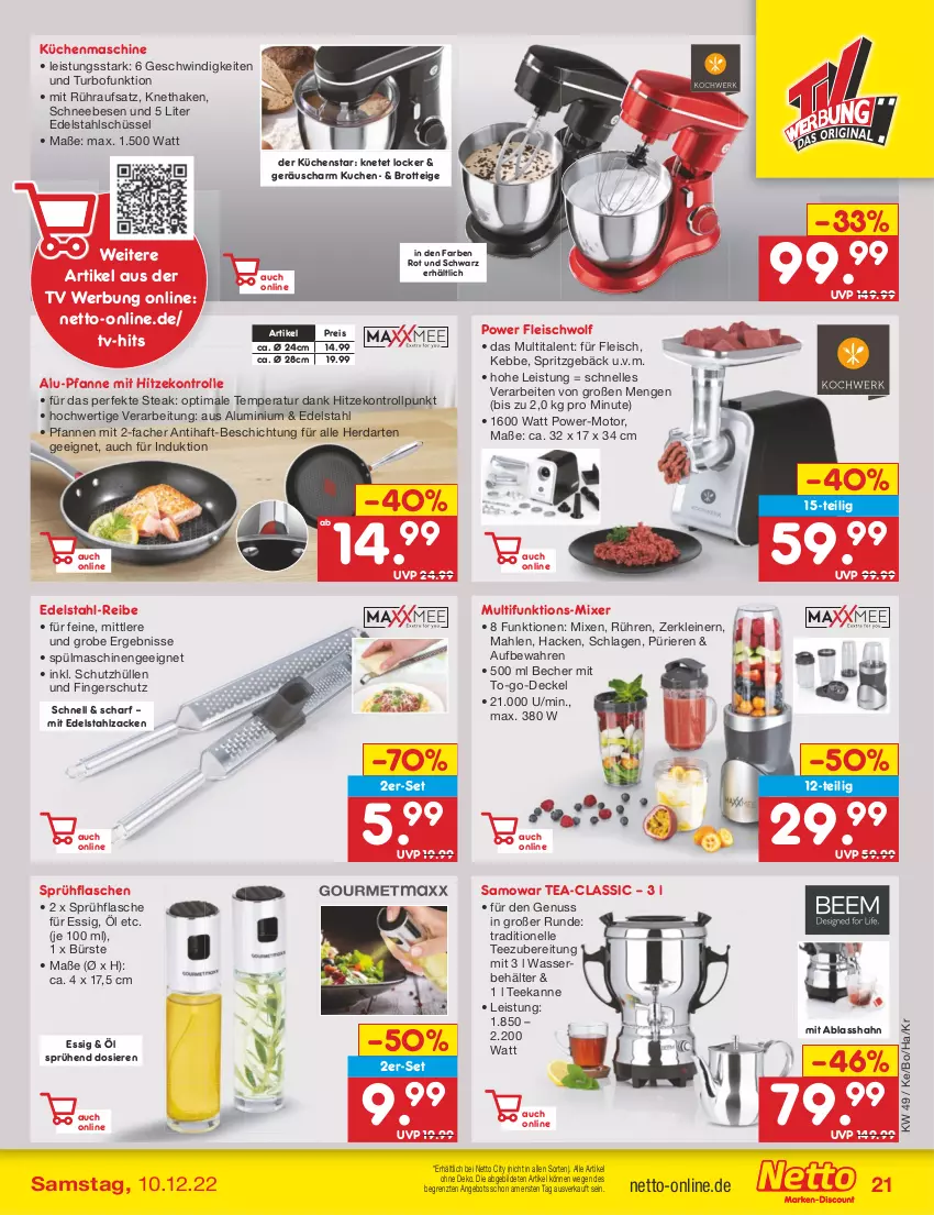 Aktueller Prospekt Netto Marken-Discount - Filial-Angebote - von 05.12 bis 10.12.2022 - strona 23 - produkty: angebot, Becher, Behälter, brot, bürste, decke, Deckel, edelstahl, eis, elle, essig, flasche, fleisch, herdarten, küche, kuchen, Küchen, küchenmaschine, leine, Mixer, nuss, pfanne, pfannen, reis, Schneebesen, schüssel, schutzhülle, Spritzgebäck, sprühflasche, spülmaschinen, steak, tee, teekanne, Ti, wasser, ZTE